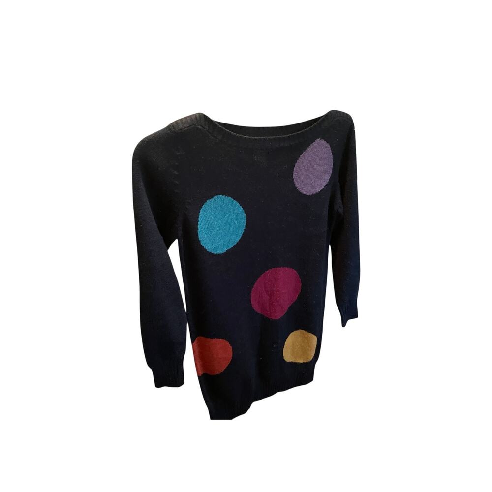 Womans Vtg Medium Sweater Tunic Dress 70s Clovis Ruffin Black Polka Dot Retro